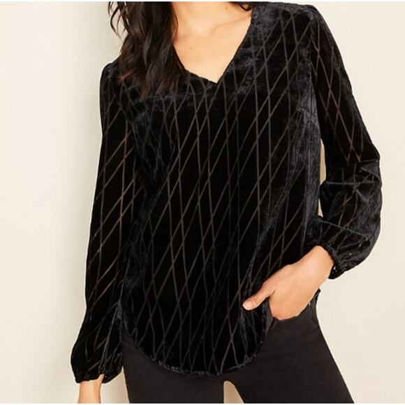Ann Taylor Geo Velvet V-Neck Top Burnout Blouse‎ Office Whimsygoth Size Small - Picture 1 of 10